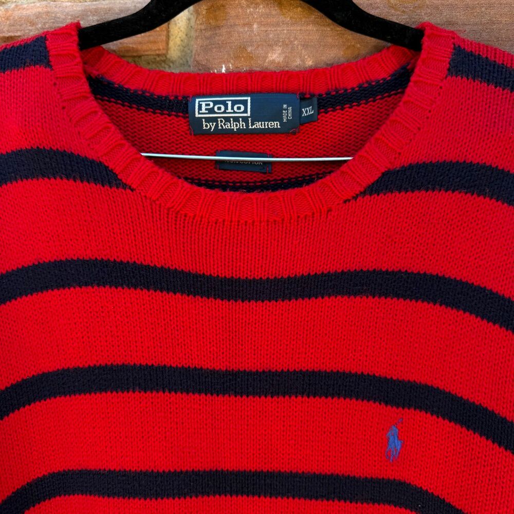 Polo Ralph Lauren Red Navy Striped Cotton Knit Sweater Mens XXL Crewneck